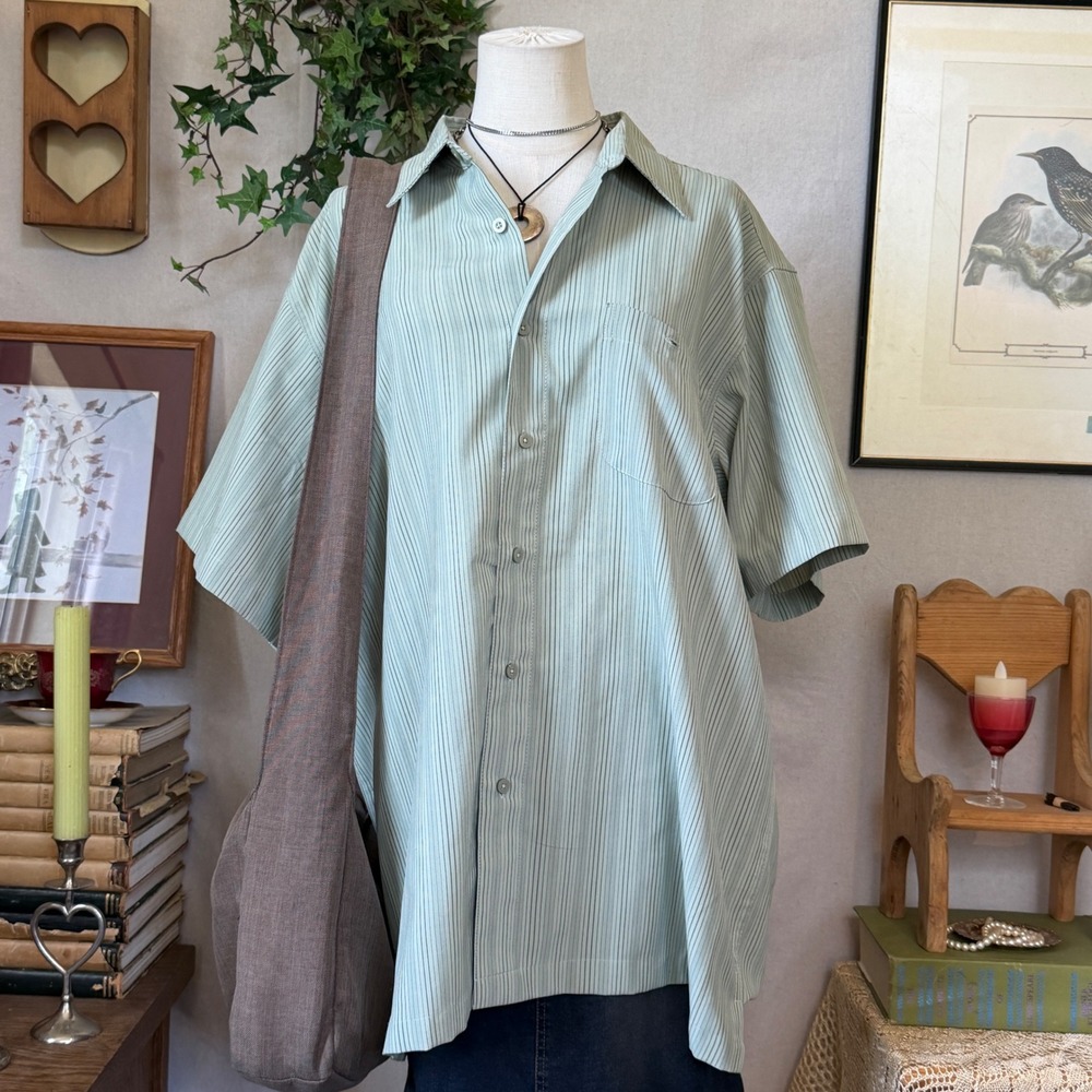 Green Striped Microfiber Button up Shirt Oversized Indie Grunge XL Skater Baggy